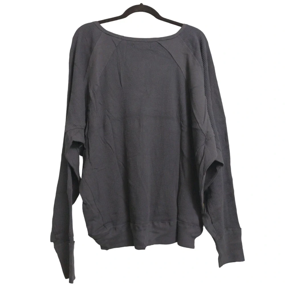 Free People Santa Clara Thermal Top Shirt Black Slouchy V-Neck L New - Picture 6 of 12